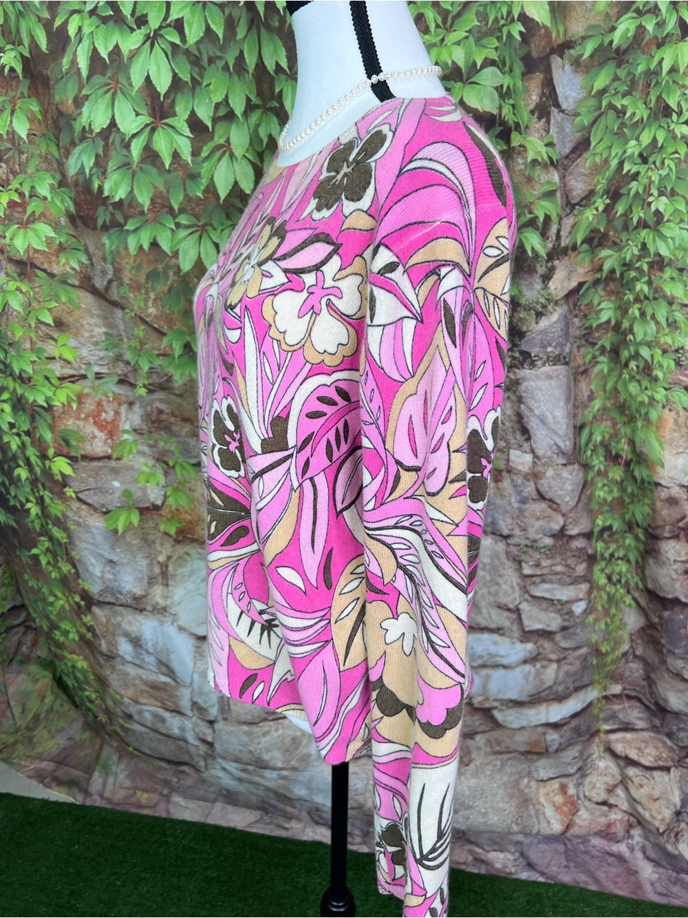 KINROSS Pink Floral Pattern 100% Cashmere Luxury Mod Crewneck Sweater, L - Picture 5 of 11
